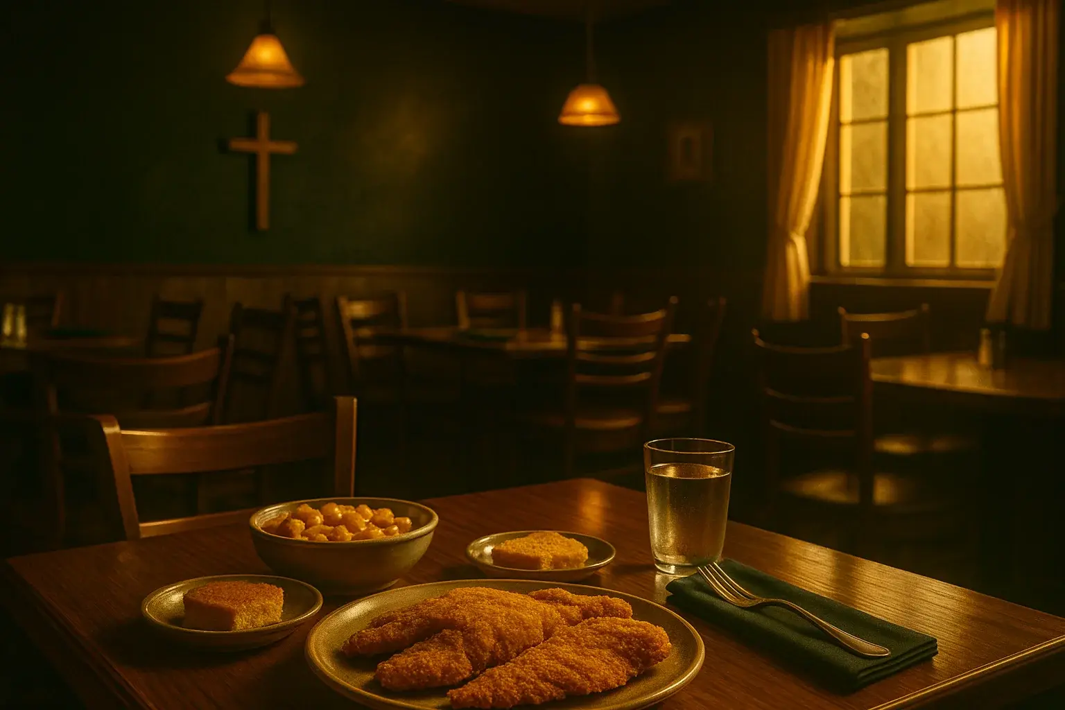 Soul food restaurant interior with warm lighting and cross